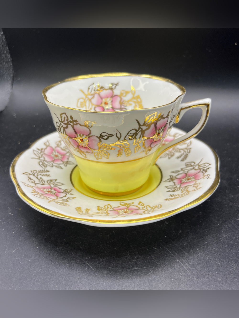 Vintage 1950s Clare English Bone China Yellow Pink Rose Teacup Saucer Set 1253